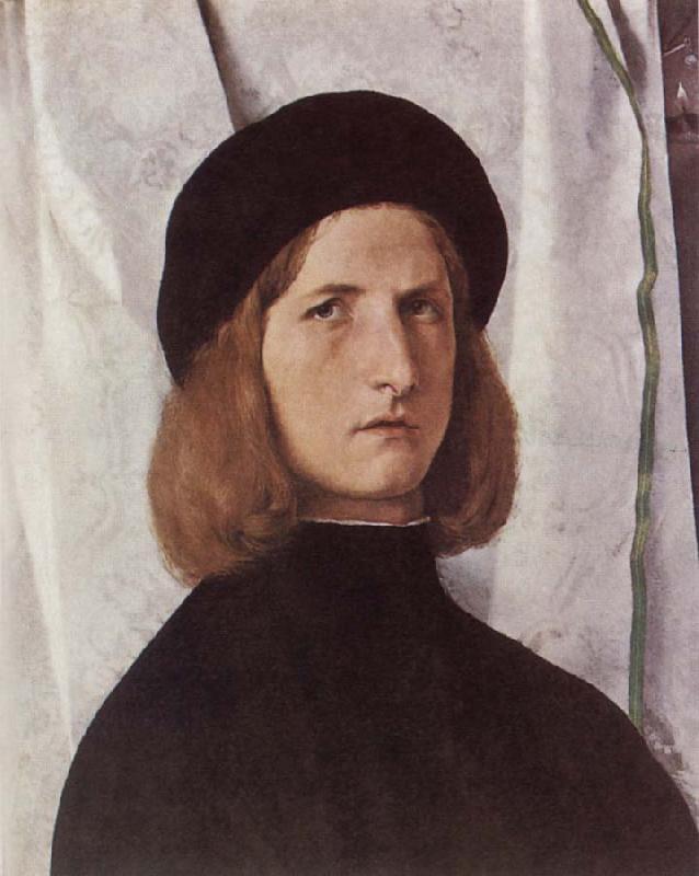 Lorenzo Lotto Portrat of a young man before a woman curtain Sweden oil painting art